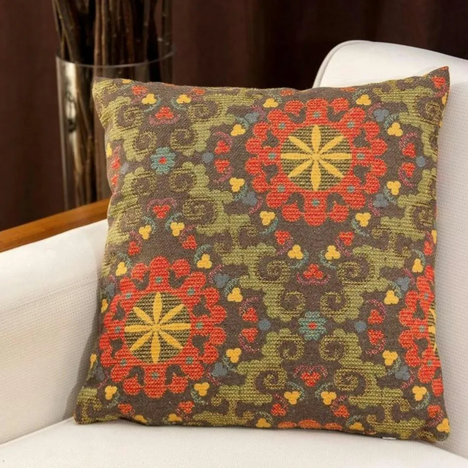 IZMIR Textile·Coussins|Coussin bohème multicolore – motif kilim, fond beige