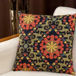 IZMIR Textile·Coussins|Coussin rétro multicolore – fleurs sur fond bleu
