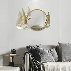 Décorations Murales|Décoration murale en métal avec miroir rond et bateaux dorés