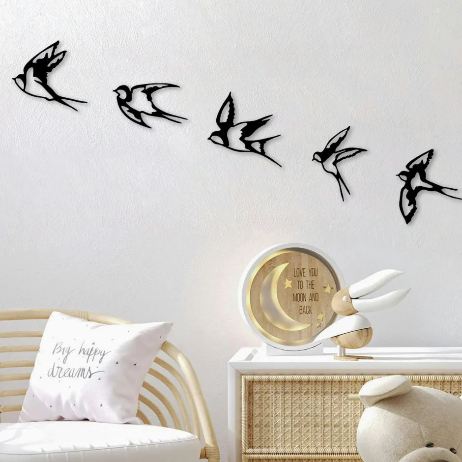 Décorations Murales|Décoration murale en métal noir – oiseaux en vol (lot de 4)