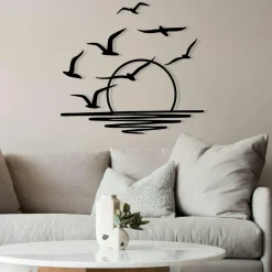 Décorations Murales|Décoration murale métal noir – coucher de soleil et oiseaux