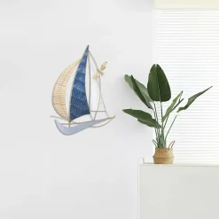 Décorations Murales|Décoration murale voilier bleu métal et rotin