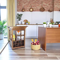 Tradition Meubles De Cuisine·Dessertes / Chariots|Desserte de cuisine Hévéa 2 tiroirs, 3 étagères, 8 casiers à bouteilles 70x48x84cm