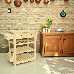 Tradition Meubles De Cuisine·Dessertes / Chariots|Desserte de cuisine Hévéa 2 tiroirs, 2 étagères, 1 rack à bouteilles, 1 rangement latéral 70x45x84cm