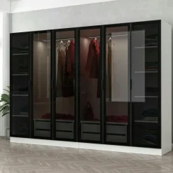 BYRON Armoires En Bois|Meubles De Chambre·Dressings|Dressing 6 portes verre, 2 tiroirs & cadre blanc