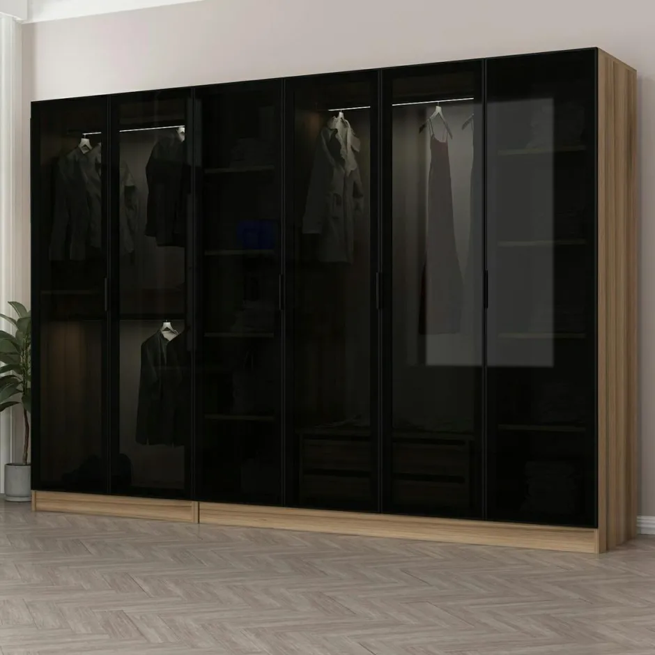 BYRON Armoires En Bois|Meubles De Chambre·Dressings|Dressing 6 portes verre, 2 tiroirs & cadre blanc