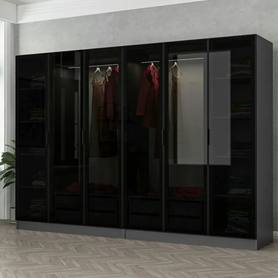 BYRON Armoires En Bois|Meubles De Chambre·Dressings|Dressing 6 portes verre, 2 tiroirs & cadre blanc