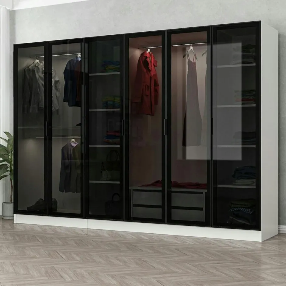 BYRON Armoires En Bois|Meubles De Chambre·Dressings|Dressing design 3 penderies, verre & cadre anthracite