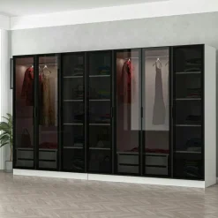 BYRON Armoires En Bois|Dressing design 7 portes en verre noir et cadre blanc