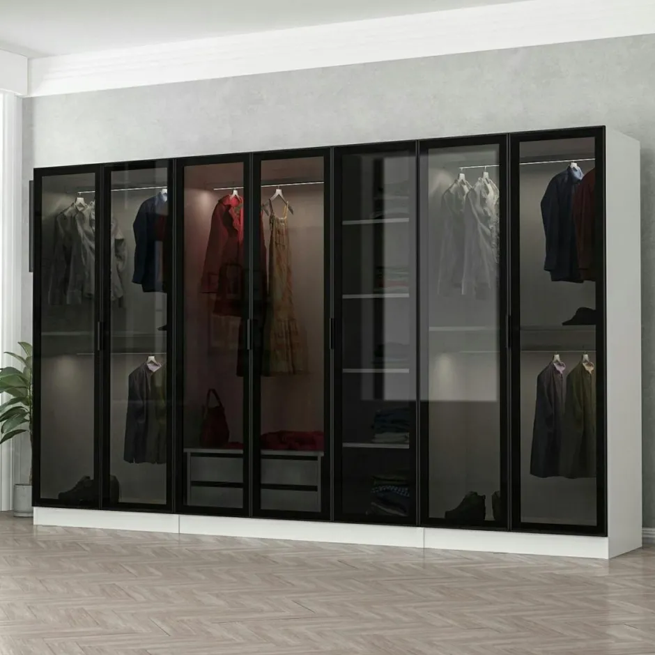 BYRON Armoires En Bois|Dressing design 7 portes en verre noir et cadre blanc