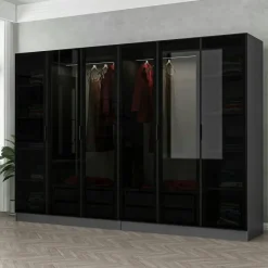 BYRON Armoires En Bois|Meubles De Chambre·Dressings|Dressing design 6 portes, verre noir & cadre anthracite