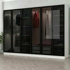 BYRON Armoires En Bois|Meubles De Chambre·Dressings|Dressing design 6 portes verre, cadre blanc, 2 tiroirs