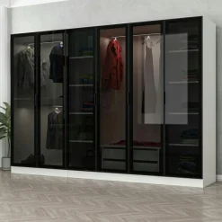 BYRON Armoires En Bois|Meubles De Chambre·Dressings|Dressing design 6 portes verre, cadre blanc, 2 tiroirs