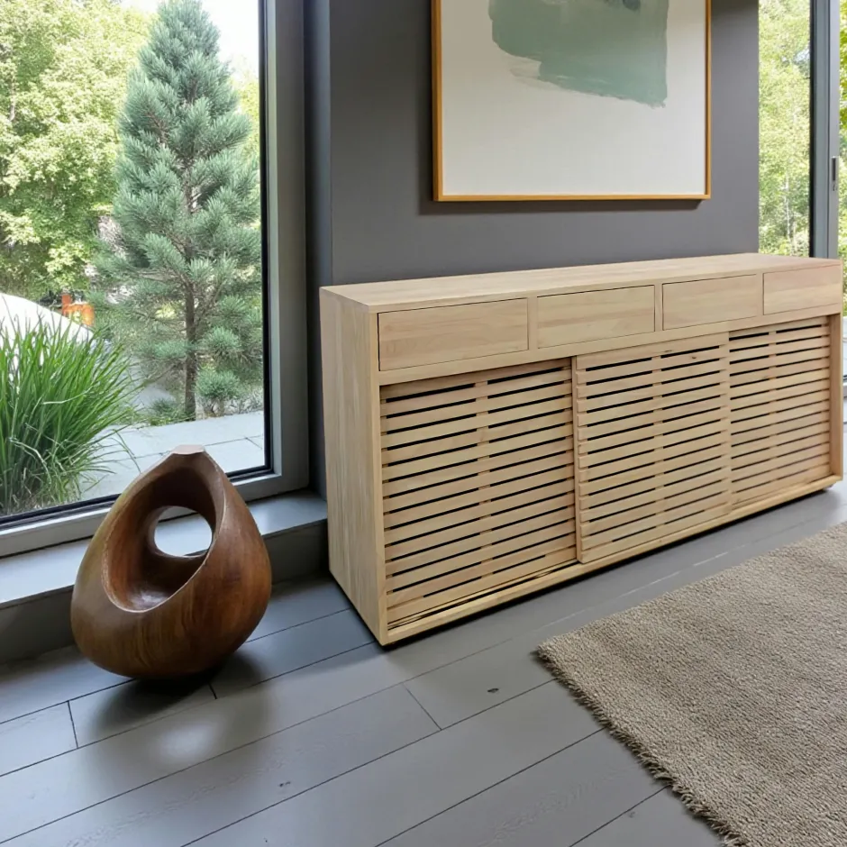 New Orléans Buffets Bas|Buffet Bas|Enfilade / Buffet long Hévéa 3 portes coulissantes Persiennes, 4 tiroirs 180x45x90cm NEW ORLEANS