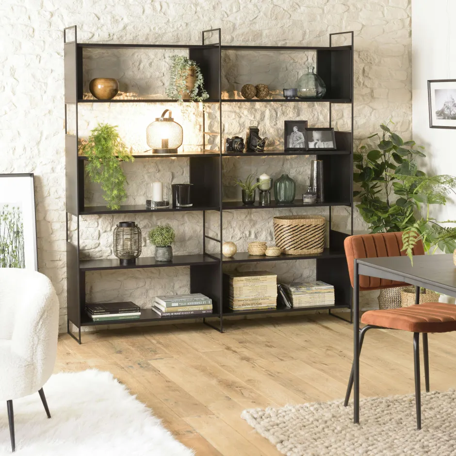 CORUMBA Etagères Industrielle|Etagère bois noir et métal 10 niches