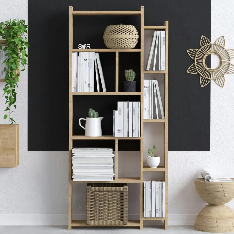 MARFA Bibliothèques En Bois|Bibliothèques En Bois|Etagère colonne effet bois de chêne - 2 niveaux
