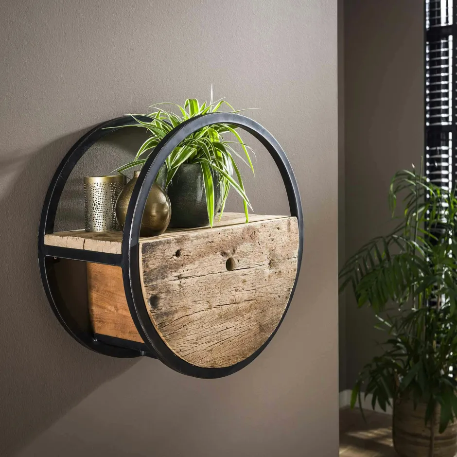 CYCLADES Tables De Chevet Suspendues|Tables De Chevet Industrielles|Etagère murale ronde bois recyclé brut 1 tiroir D40 cm