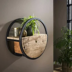 CYCLADES Tables De Chevet Suspendues|Tables De Chevet Industrielles|Etagère murale ronde bois recyclé brut 1 tiroir D30 cm