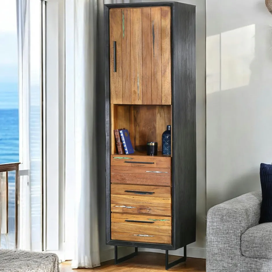 CYCLADES Tables De Chevet Suspendues|Tables De Chevet Industrielles|Etagère murale ronde bois recyclé brut 1 tiroir D30 cm