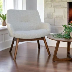 BERLIN Fauteuils En Tissu|Fauteuil beige sable avec structure en bois de noyer