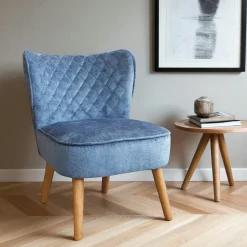 IENA Fauteuils En Tissu|Fauteuil bleu tissu chenille - pieds bois, motif croisé