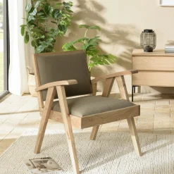 DIKA Fauteuils En Tissu|Fauteuil bois exotique clair tissu kaki
