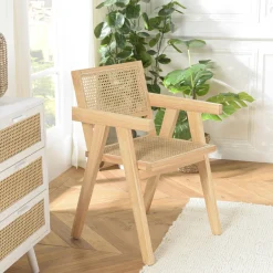 TIM Fauteuils En Rotin|Fauteuil contemporain bois clair tissu blanc et cannage