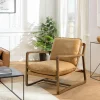 PRESTON Fauteuils Vintage|Fauteuils En Cuir|Fauteuil cuir beige et bois dos incliné