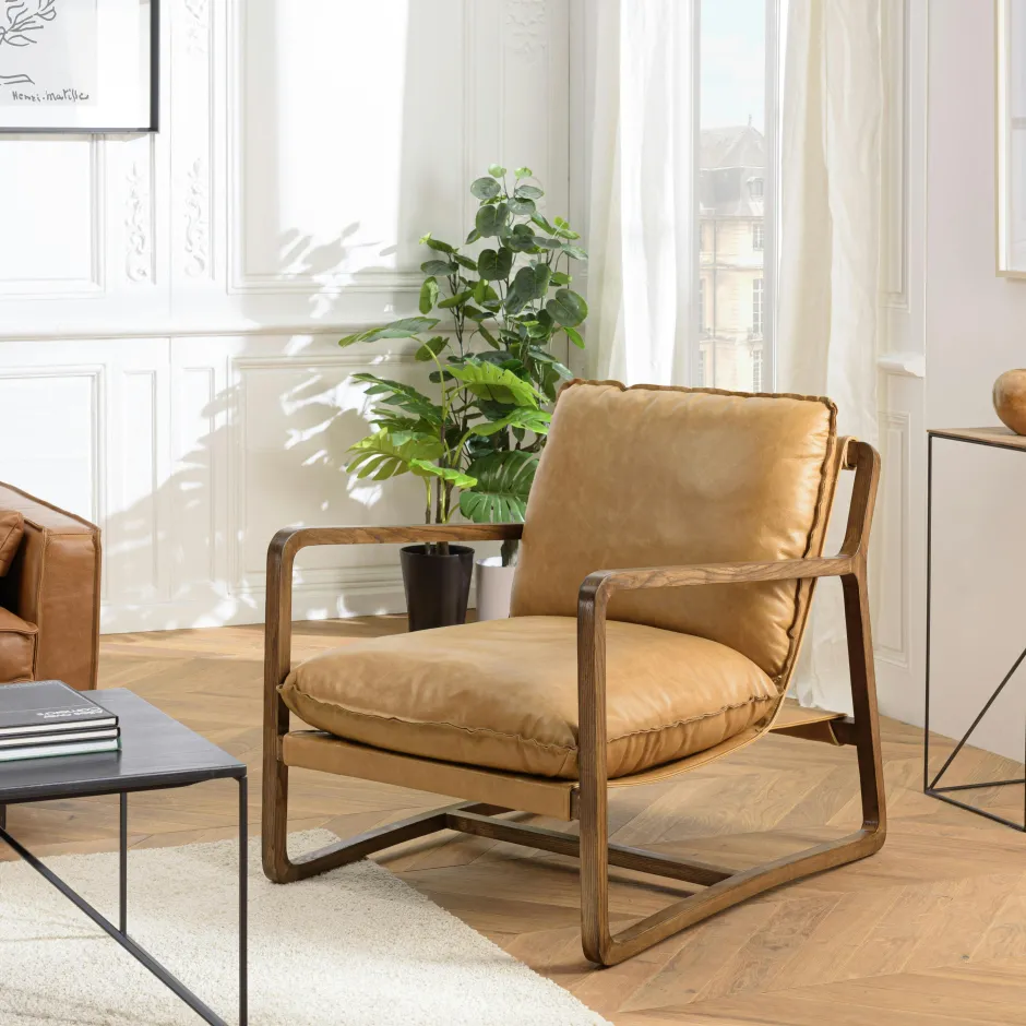 PRESTON Fauteuils Vintage|Fauteuils En Cuir|Fauteuil cuir beige et bois dos incliné