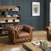 PRESTON Fauteuils Vintage|Fauteuils En Cuir|Fauteuil cuir brun Chesterfield 2 roulettes