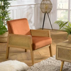 TIM Univers Déco·Vintage|Fauteuils En Tissu|Fauteuil de chambre en cannage et velours rouille