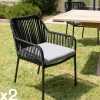 GIJON Chaises De Jardin|Fauteuil de jardin cordage noir 1 coussin gris anthracite (lot de 2)