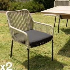 GIJON Chaises De Jardin|Fauteuil de jardin cordage noir 1 coussin gris anthracite (lot de 2)
