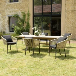 GIJON Chaises De Jardin|Fauteuil de jardin cordage couleur naturelle 1 coussin noir (lot de 2)