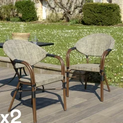 GIJON Chaises De Jardin|Fauteuil de jardin rotin synthétique ajouré couleur naturelle avec coussin noir (lot de 2)