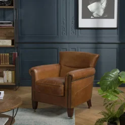 PRESTON Fauteuils Vintage|Fauteuils En Cuir|Fauteuil de salon cuir brun et roulettes