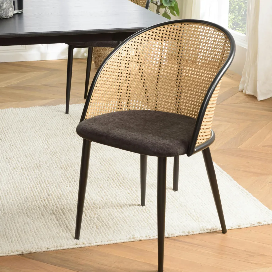 LOANO Chaises En Rotin|Chaises Contemporaines|Fauteuil de table assise velours noir dossier cannage arrondi (lot de 2)