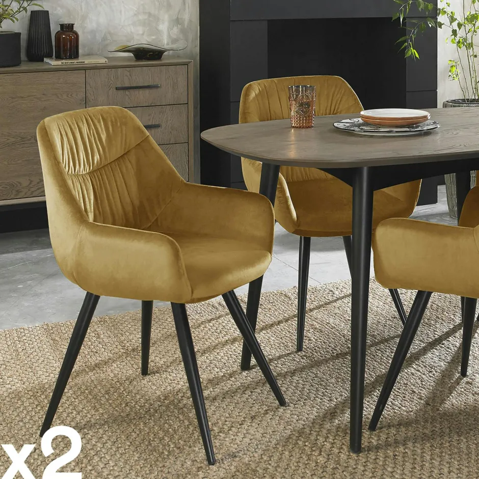 ARLINGTON Chaises Avec Accoudoirs|Chaises Velours|Fauteuil de table en velours moutarde (lot de 2)