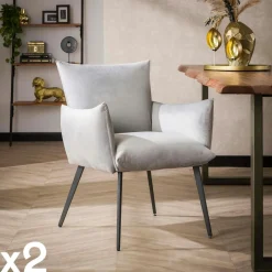 Melbourne Chaises Avec Accoudoirs|Chaises Contemporaines|Fauteuil de table en velours gris clair effet coussin (lot de 2)