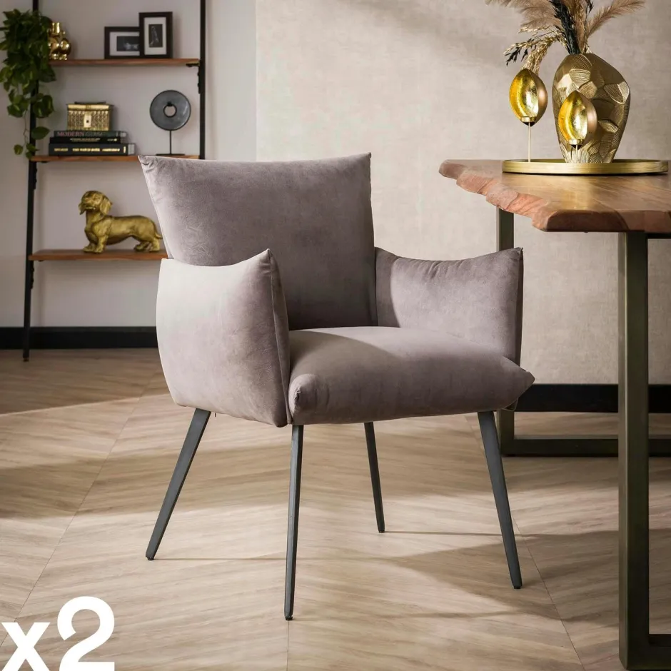 Melbourne Chaises Avec Accoudoirs|Chaises Contemporaines|Fauteuil de table en velours gris clair effet coussin (lot de 2)