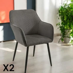 MALMOE Chaises Avec Accoudoirs|Chaises Contemporaines|Fauteuil de table tissu cotelé gris (lot de 2)