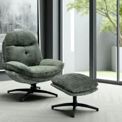 IENA Fauteuils En Tissu|Fauteuil détente vert sapin pivotant avec repose-pieds