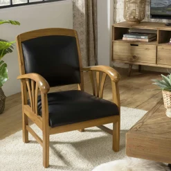 Fauteuils En Cuir|Fauteuil exotique bois et cuir noir DIKA