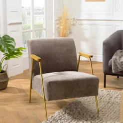 TIM Fauteuils En Tissu|Fauteuil gris foncé en tissu avec accoudoirs bois
