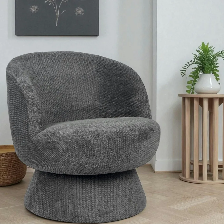 IENA Fauteuils En Tissu|Fauteuil gris pivotant - tissu chenille, style rétro
