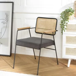 TIM Fauteuils En Rotin|Fauteuil métal dossier rotin assise tissu anthracite