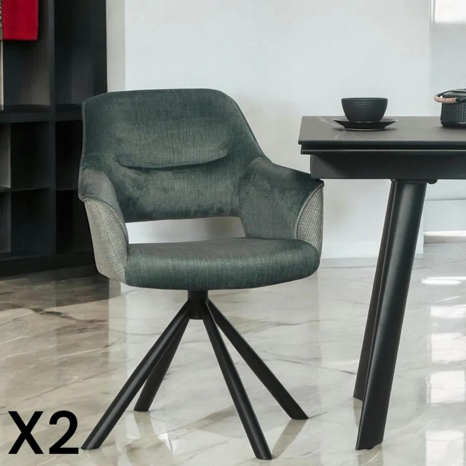 IENA Chaises Capitonnées|Chaises Velours|Fauteuil pivotant bi-matière, couleur grise (lot de 2)