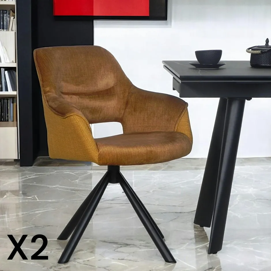 IENA Chaises Velours|Chaises Capitonnées|Fauteuil pivotant bi-matière, couleur moutarde (lot de 2)