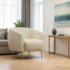 LUCCA Fauteuils En Tissu|Fauteuil rond écru - pieds dorés