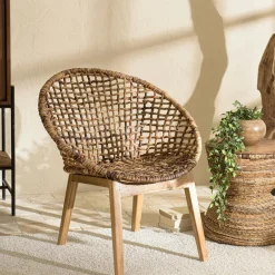 Swing Univers Déco·Globe-Trotter|Fauteuil rond marron bois recyclé et chanvre tressé